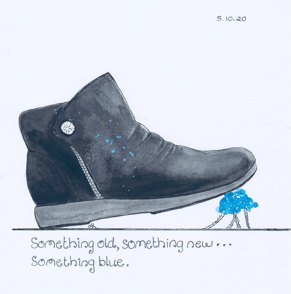 Old boot, new soles, blue paint, Blue Leschenaultia - #Inktober2020 - Helen Lock