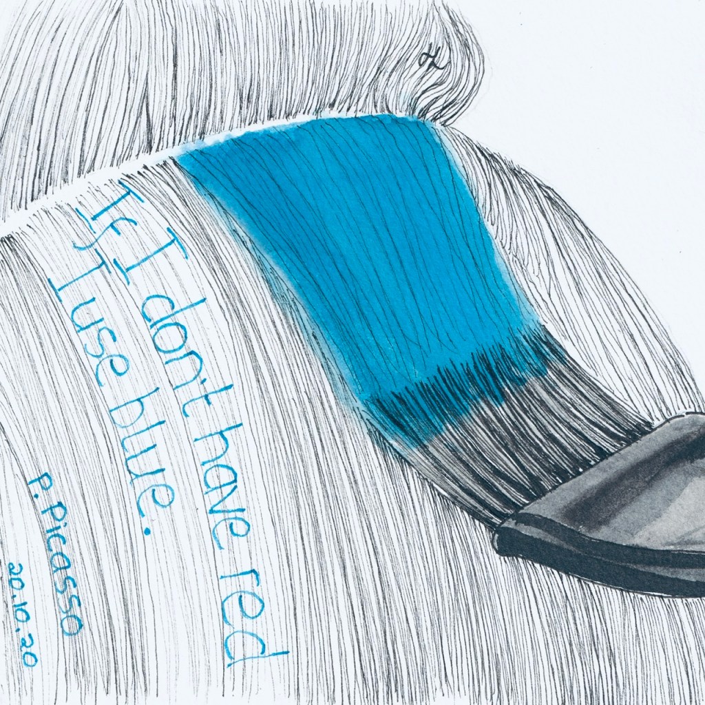 If I don’t have red I use blue.  Pablo Picasso.  #Inktober2020 Day 20 
Helen Lock Western Australian artist.
Day 20 I prepared for the AFL footy final weekend, which included colouring my hair.