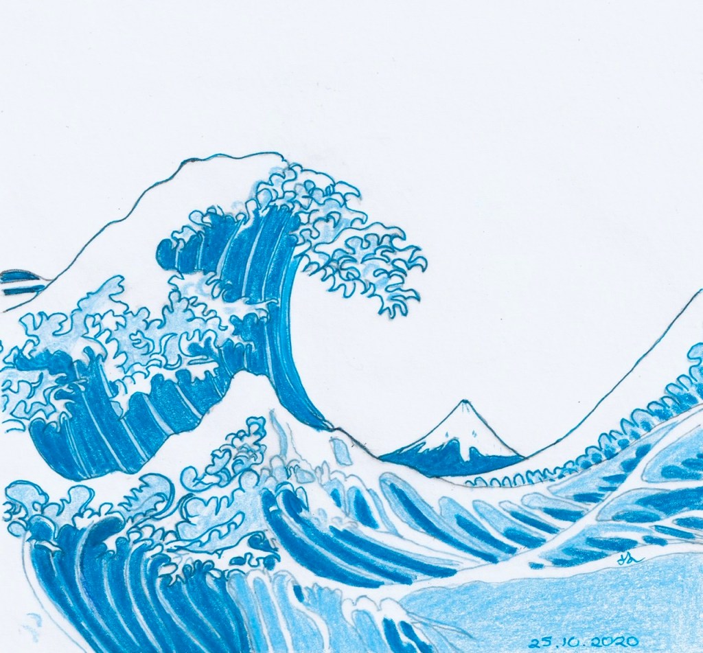 Life is like the ocean, it goes up and down. Vanessa Paradis.  #Inktober2020 Day 25 - Helen Lock. Western Australian artist.  Pen, ink and coloured pencil.